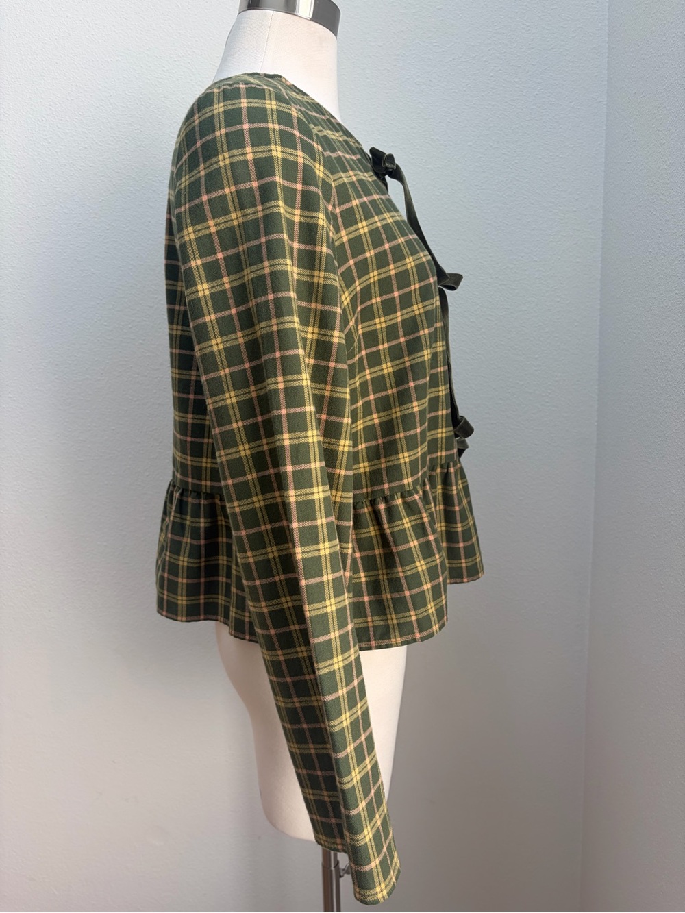 Sezane Brenda Plaid Blouse Checkered Tie Front Fall Top Velvet Green Size Medium - Picture 10 of 13